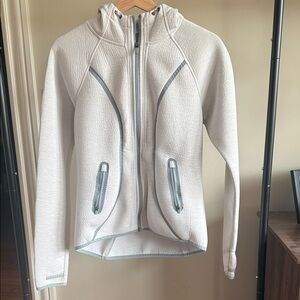 Athleta Light Gray Hooded Zip Bomber Jacket with Blue-Gray Trim